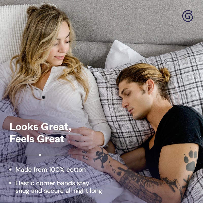 Gravity Modernist Flannel Bed Sheet Set, Full (Grey Plaid) - 100% Cotton Plaid Bedsheets - Includes Deep Pocket Fitted Sheet, Top Sheet & Pillowcases - Lightweight, Ultra-Soft & Machine Washable - Image 3